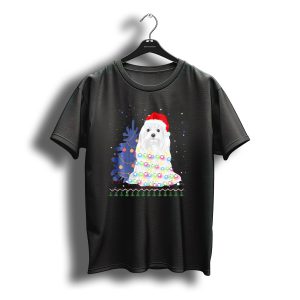 Maltese Christmas Tree Lights With Santa Hat And Festive Background T-Shirt