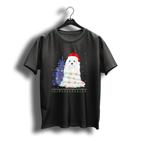 Maltese Christmas Tree Lights With Santa Hat And Festive Background T Shirt t shirt 1