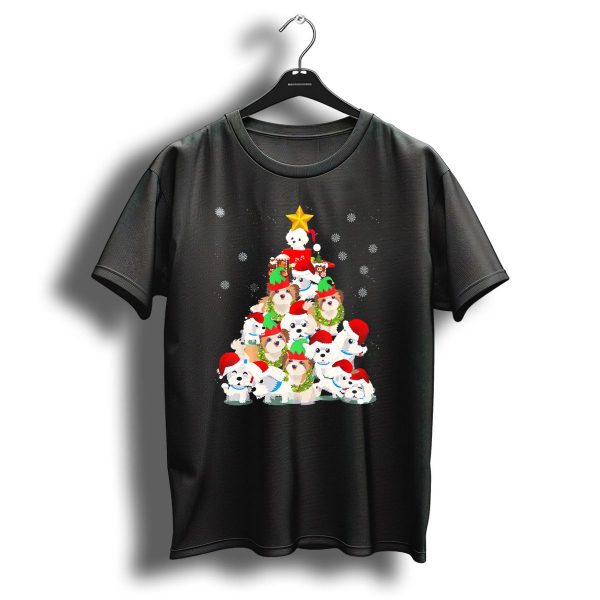 Maltese Christmas Tree With Snowflakes And Santa Hats T Shirt 1 t shirt 1