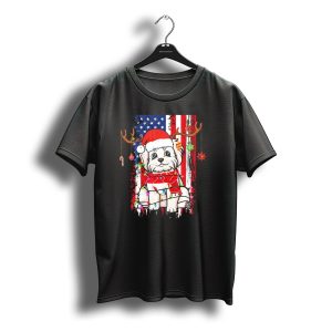 Maltese Dog Christmas Santa Hat Usa Flag Antlers Lights Tree T-Shirt