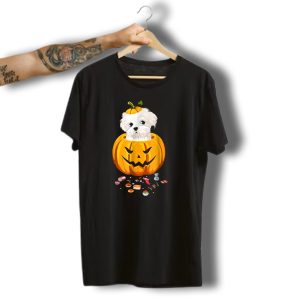 Maltese Dog In Jack O' Lantern Pumpkin With Halloween Candy T-Shirt