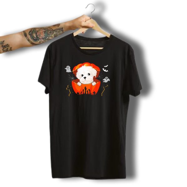 Maltese Dog In Pumpkin With Ghosts And Bats Halloween T Shirt t shirt 1