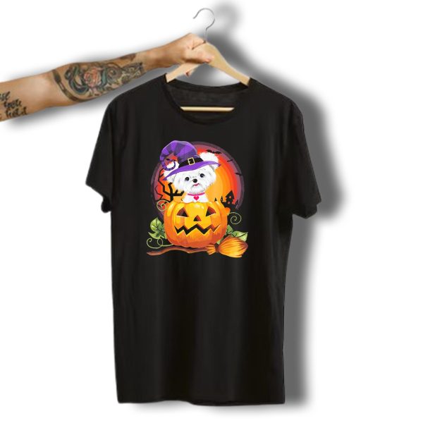 Maltese Dog In Witch Hat With Pumpkin Halloween Scene T Shirt t shirt 1