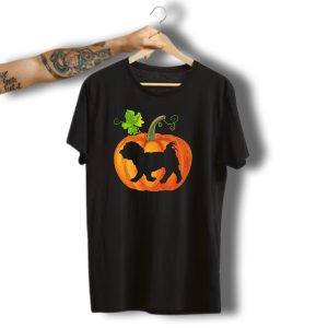 Maltese Dog Silhouette Inside Halloween Pumpkin With Leaf And Stem T-Shirt