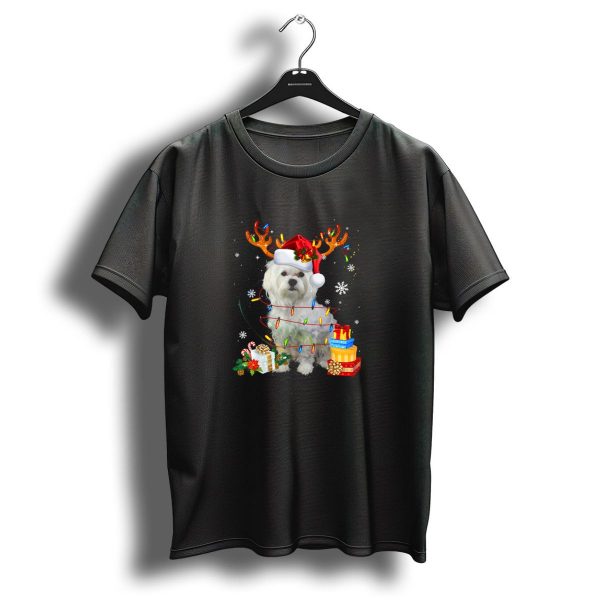 Maltese Dog With Reindeer Antlers And Christmas Lights Holiday Scene T Shirt 1 t shirt 1