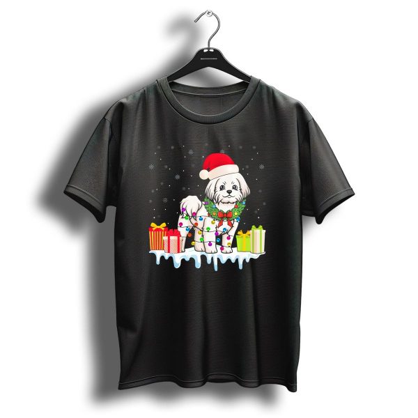 Maltese Dog With Santa Hat And Christmas Lights Surrounded By Holiday Gifts Snowflakes T Shirt 1 t shirt 1