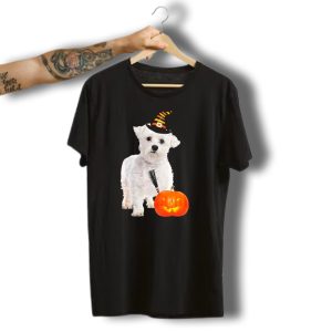 Maltese Dog With Witch Hat And Broomstick With Jack O Lantern Halloween T-Shirt