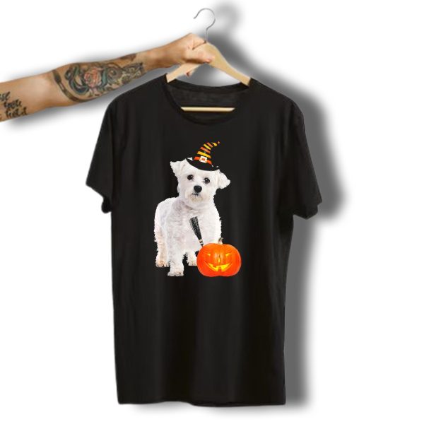 Maltese Dog With Witch Hat And Broomstick With Jack O Lantern Halloween T Shirt 1 t shirt 1