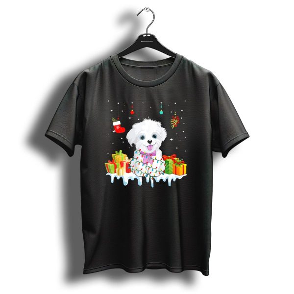 Maltese Dog Wrapped In Christmas Lights With Gifts And Festive Decorations T Shirt 1 t shirt 1