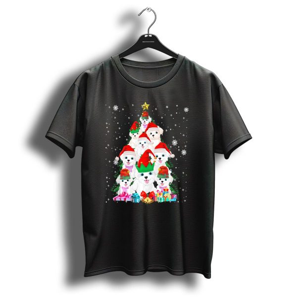 Maltese Dogs Christmas Tree With Santa Hats And Gifts T Shirt 1 t shirt 1