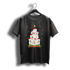 Maltese Dogs Christmas Tree With Santa Hats And Star T-Shirt