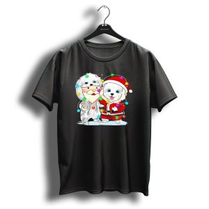 Maltese Dogs Dressed As Santa With Christmas Lights T Shirt