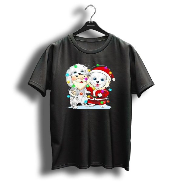 Maltese Dogs Dressed As Santa With Christmas Lights T Shirt 1 t shirt 1