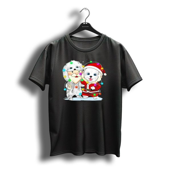 Maltese Dogs Dressed As Santa With Christmas Lights T Shirt t shirt 1