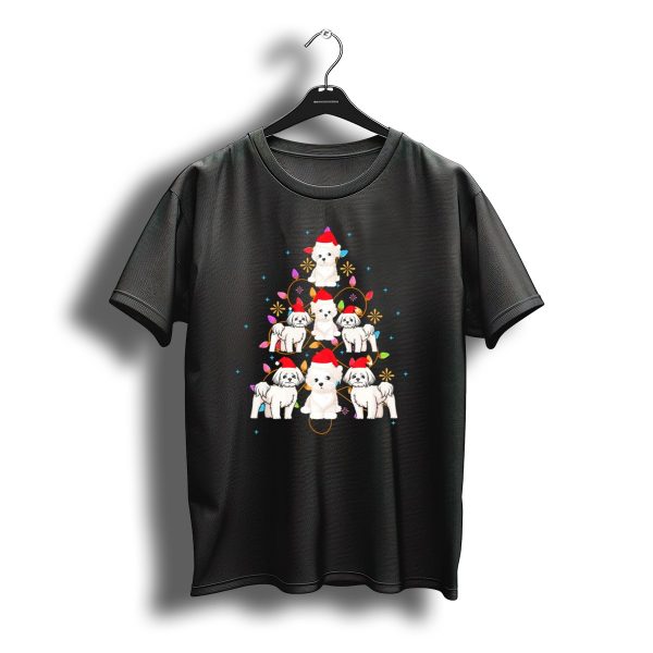 Maltese Dogs In Santa Hats With Colorful Christmas Tree Lights T Shirt t shirt 1