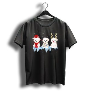 Maltese Dogs With Christmas Lights Reindeer Antlers And Santa Hat On Ice With Snowflakes T Shirt