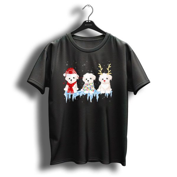 Maltese Dogs With Christmas Lights Reindeer Antlers And Santa Hat On Ice With Snowflakes T Shirt 1 t shirt 1