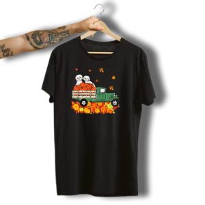 Maltese Dogs With Pumpkins On Green Truck With Autumn Leaves Halloween T-Shirt