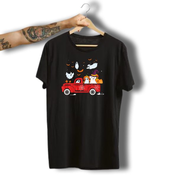 Maltese In Red Truck With Pumpkins And Ghosts For Halloween T Shirt t shirt 1