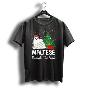 Maltese In Santa Hat Wrapped In Christmas Lights By Tree T Shirt