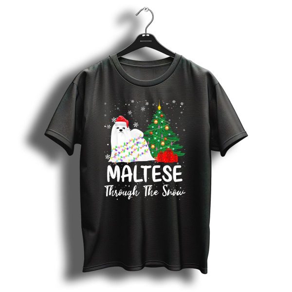 Maltese In Santa Hat Wrapped In Christmas Lights By Tree T Shirt 1 t shirt 1