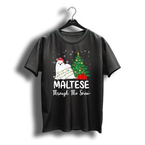 Maltese In Santa Hat Wrapped In Christmas Lights By Tree T-Shirt