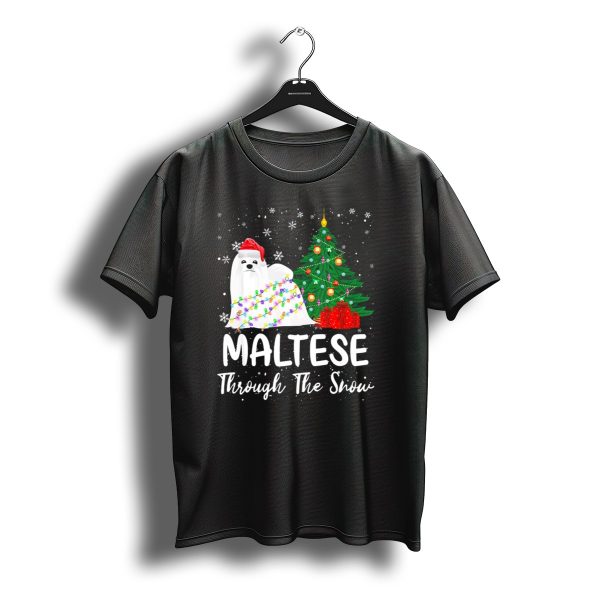 Maltese In Santa Hat Wrapped In Christmas Lights By Tree T Shirt t shirt 1