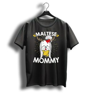 Maltese Mommy Christmas Reindeer Dog With Bell Antlers And Red Bow T-Shirt