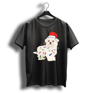 Maltese Puppy Wearing Santa Hat Wrapped In Colorful Christmas Lights T Shirt