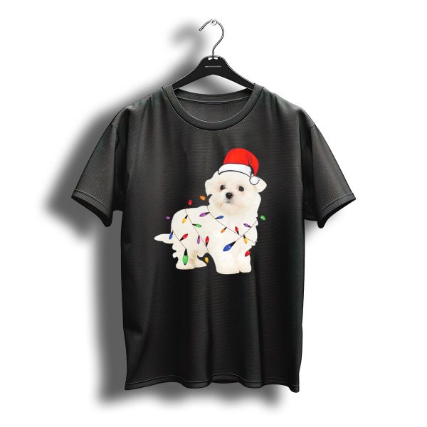 Maltese Puppy Wearing Santa Hat Wrapped In Colorful Christmas Lights T Shirt t shirt 1