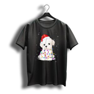 Maltese Puppy Wrapped In Christmas Lights With Santa Hat Snowflakes T-Shirt
