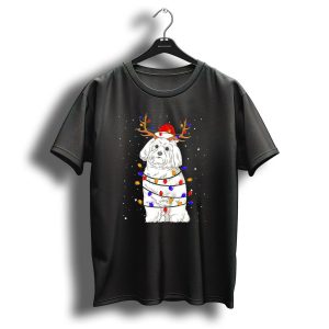 Maltese Wrapped In Christmas Lights With Antlers And Snowy Background T Shirt