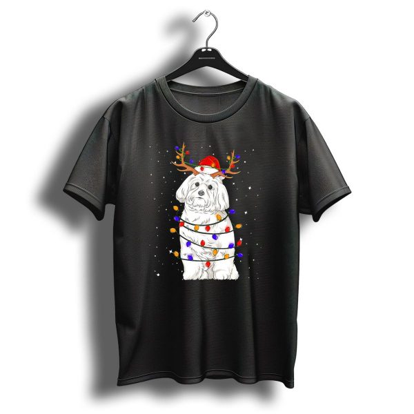 Maltese Wrapped In Christmas Lights With Antlers And Snowy Background T Shirt 1 t shirt 1
