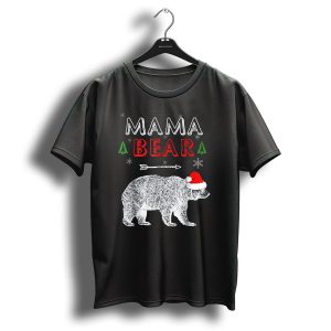 Mama Bear Santa Hat Christmas Snowflakes Trees T Shirt 1