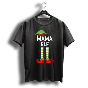 Mama Elf Mom Cute Matching Family Christmas Elves Green Hat Red Shoes Striped Socks T-Shirt