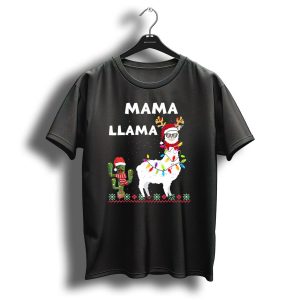 Mama Llama Christmas Family Matching Llama With Lights And Cactus Santa T Shirt 1