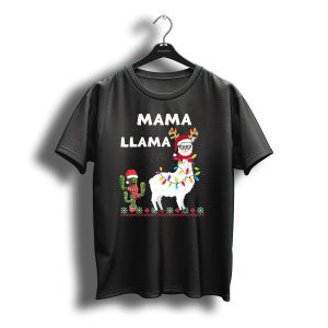 Mama Llama Christmas Family Matching Llama With Lights And Cactus Santa T-Shirt