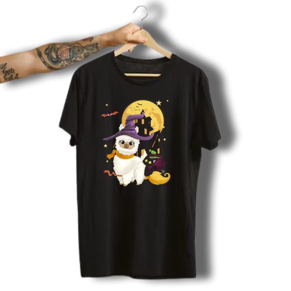 Mama Llama Witch Pumpkin Broom With Cat And Bat Halloween Scene T Shirt t shirt 1