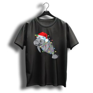 Manatee Wrapped In Christmas Lights Wearing A Santa Hat T Shirt