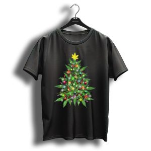 Marijuana Leaf Christmas Tree With Colorful Ornaments And Lights T Shirt