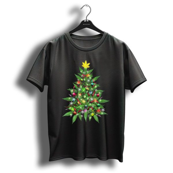 Marijuana Leaf Christmas Tree With Colorful Ornaments And Lights T Shirt 1 t shirt 1