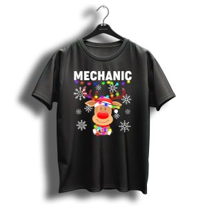 Mechanic Reindeer With Santa Hat Christmas Lights And Snowflakes T Shirt
