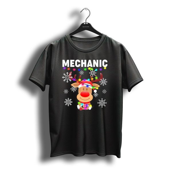 Mechanic Reindeer With Santa Hat Christmas Lights And Snowflakes T Shirt t shirt 1
