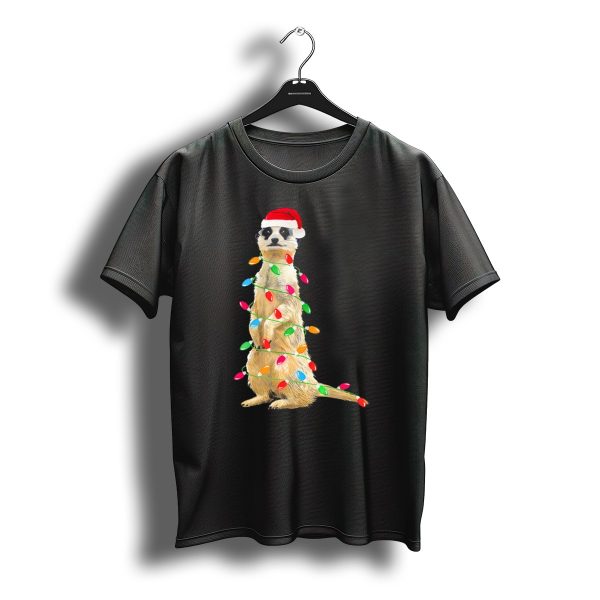 Meerkat Wrapped In Christmas Lights With Santa Hat T Shirt t shirt 1