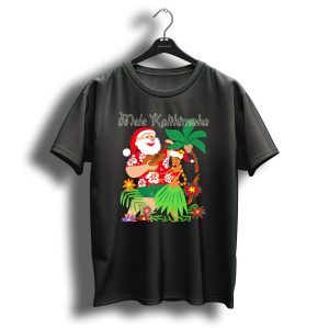 Mele Kalikimaka Christmas Santa Playing Ukulele With Hula Dancer And Tropical Flowers T-Shirt