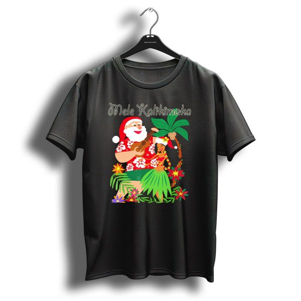 Mele Kalikimaka Christmas Santa Playing Ukulele With Hula Dancer And Tropical Flowers T Shirt 1 t shirt 1
