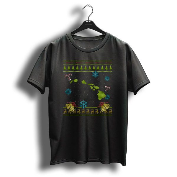 Mele Kalikimaka Hawaii Christmas Ugly Sweater Map With Reindeer And Candy Canes T Shirt 1 t shirt 1