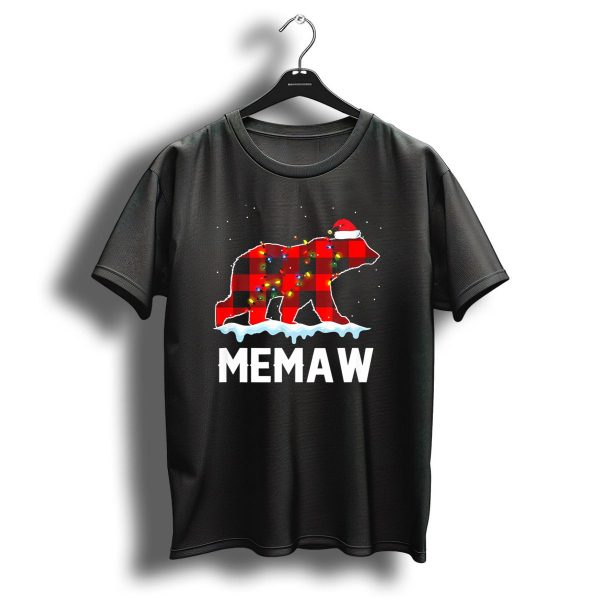 Memaw Bear Christmas Red Plaid Santa Hat Lights Snowflakes T Shirt 1 t shirt 1