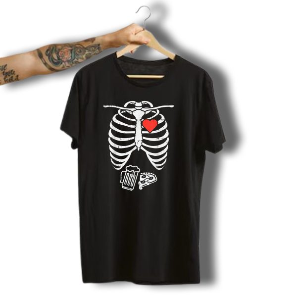 Mens X Ray Skeleton Heart Pizza Beer Funny Halloween Pregnancy T Shirt t shirt 1