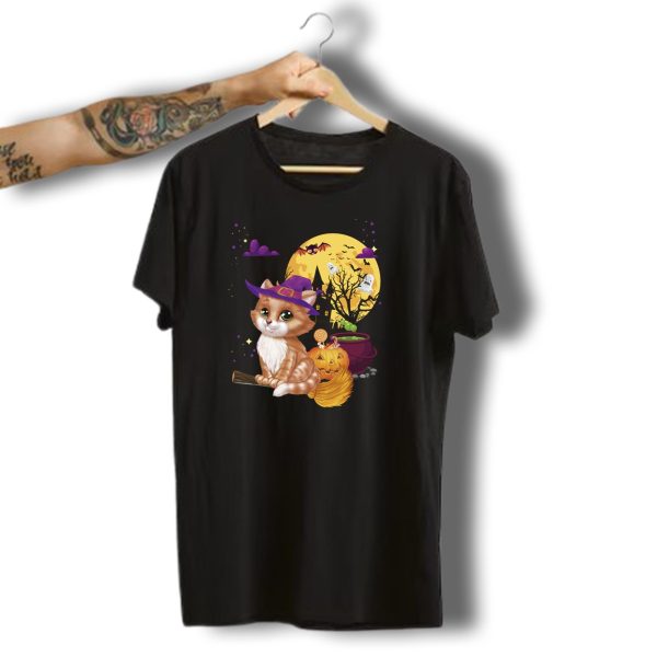 Meow Cat Witch Broom Pumpkin Halloween Moon Bats Ghosts T Shirt t shirt 1 1